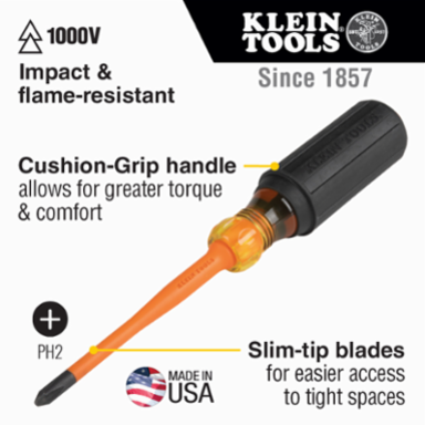 Slim-Tip Insulated Screwdriver, #2 Phillips, 4 Inch Shank, 1000V Rated