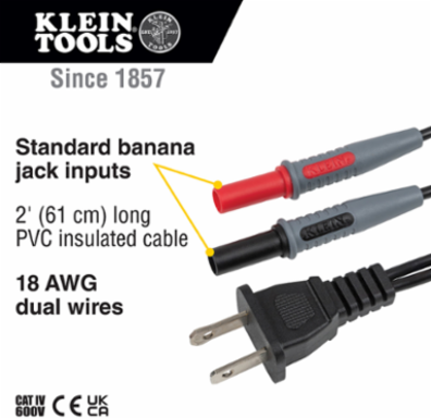 AC Plug to Banana Jacks, 2-Foot Cable Length, PVC Insulated, 120V Rated