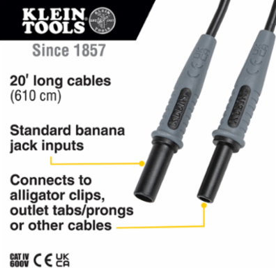 20-Foot Lead Adapter with Banana Plug, PVC Material, CAT III 1000V Safety Rating