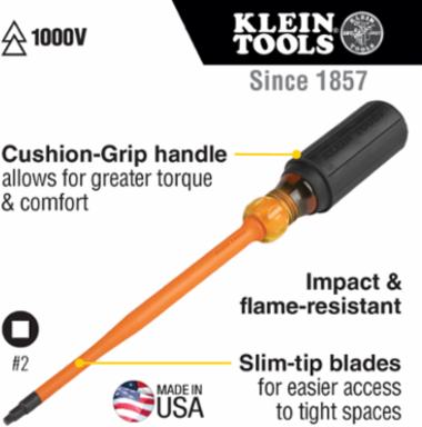 Slim-Tip 1000V Insulated Screwdriver #2 Square 4 Inch Round Shank