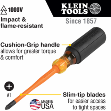 Slim-Tip 1000V Insulated Screwdriver #1 Phillips 6 Inch