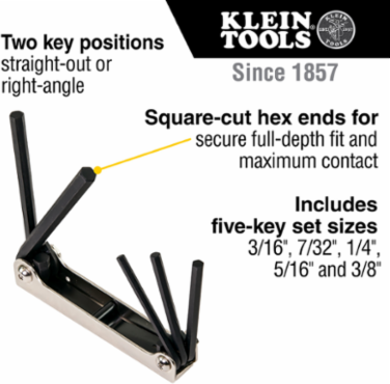 Folding Hex Key Set, 5-Key, SAE Sizes, Alloy Steel, 3/16" to 3/8" Keys