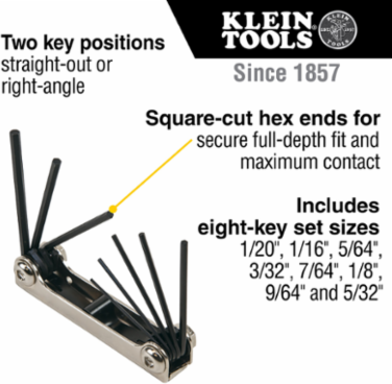 Folding Hex Key Set, 8-Key SAE Sizes, Length 5.4 Inch, Alloy Steel, Black Oxide Finish