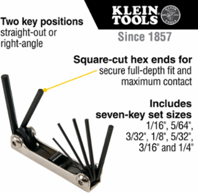 Folding Hex Key Set, 7-Key, Metric Sizes, Includes 1-1/2 mm to 6 mm Keys
