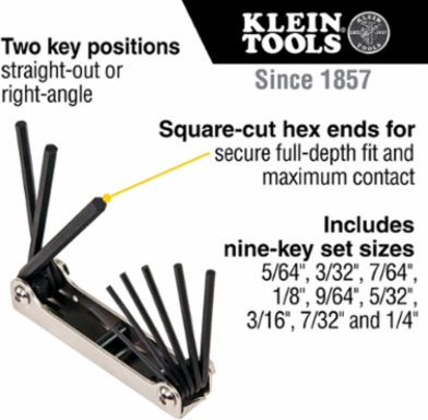 Folding Hex Key Set, 9-Key SAE, 5/64 to 1/4 Inch, Alloy Steel, 0.5 lbs
