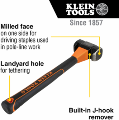 Lineman's Milled-Face Hammer 3-3/4 Inch Head, 2.85 lbs, Forged Steel