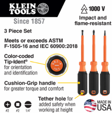 Insulated Screwdriver Set, 1000V Rated, 3-Piece with 4 Inch Shanks