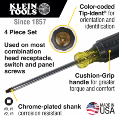 Cushion-Grip Screwdriver Set, 4-Piece, Square Recess, 1.25 lbs