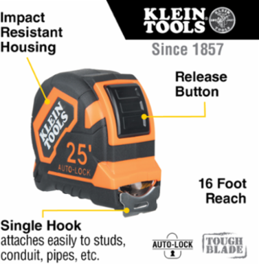 Tape Measure, 25-Foot Single-Hook Auto-Lock