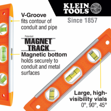 9 Inch Torpedo Level with 3 Vials, Magnetic Base and High-Visibility Body
