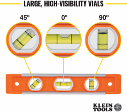 9 Inch Torpedo Level with 3 Vials, Magnetic Base and High-Visibility Body