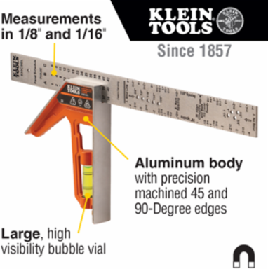 Electrician's Combination Square 12 Inch with Magnetic Adjustments & Stainless Steel Ruler