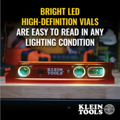 Lighted 9 Inch Billet Level with Rare-Earth Magnet and High-Visibility Vials