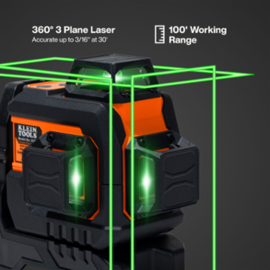 Compact Green Self-Leveling Laser Level, 3 Beams, 100' Range, IP54 Rated