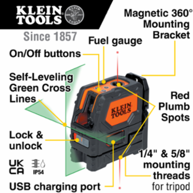 Rechargeable Green Cross-Line Laser Level, 165-Foot Range, IP54 Rated