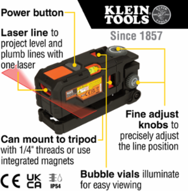 Red Pocket Laser Level, 30' Range, 1 Beam, 3-Axis Lighted Vials, Magnetic Mount