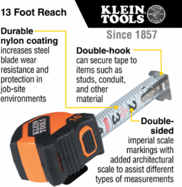 16-Foot Compact Tape Measure with 13-Foot Reach, Double-Sided Scale, Nylon Coating