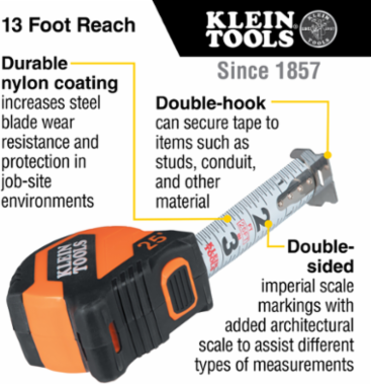 25-Foot Compact Tape Measure, 13-Foot Reach, Double-Sided Hook, Nylon Coating