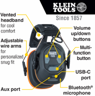 Bluetooth Earmuffs, 70-Hour Battery Life, IP54, 40 mm Audio Drivers, 20 dB NRR