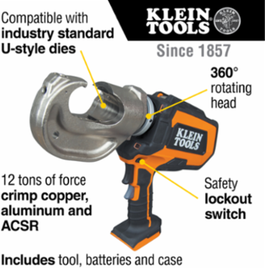 Battery-Operated 12 Ton Crimper Kit, 20V, 22.63 Inch Length, Includes 2 Batteries