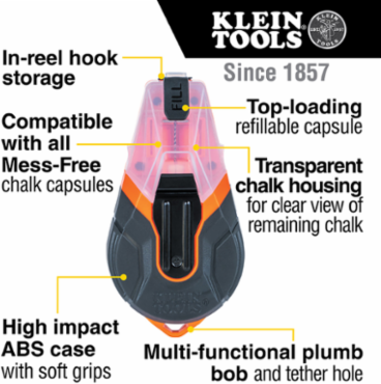 100-Foot Quick-Fill Manual Chalk Line, 4:1 Gear Ratio, High Impact ABS Case