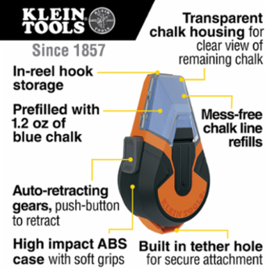Auto-Retracting Chalk Line 50 Foot with Blue Chalk, High Impact ABS Case