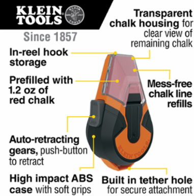 50-Foot Auto-Retracting Chalk Line with Nylon Line, Red Chalk, High Impact ABS Case