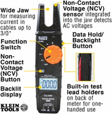 Open Jaw Fork Meter, 200A AC Current, 600V AC/DC Voltage, Low Battery Indicator