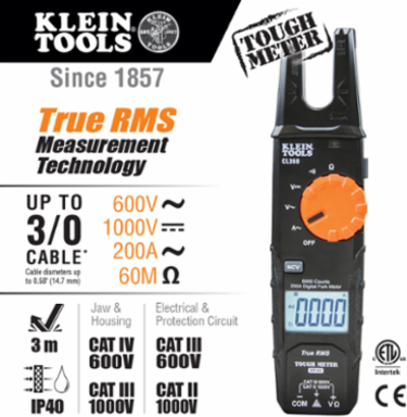 Open Jaw Fork Meter, 200A AC Current, 600V AC/DC Voltage, Low Battery Indicator