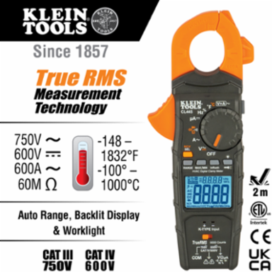 HVAC TRMS Clamp Meter, 600A Current, 750V AC/600V DC, -148° to 1832°F Temperature Range