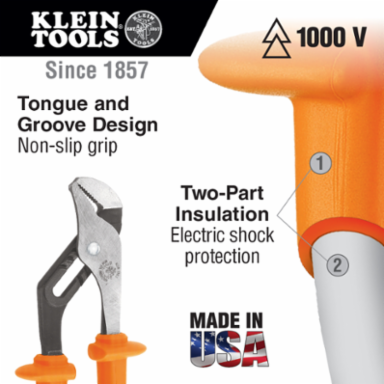 10 Inch Insulated Pump Pliers, Jaw Capacity 1.75 Inch, 1000-Volt Rating