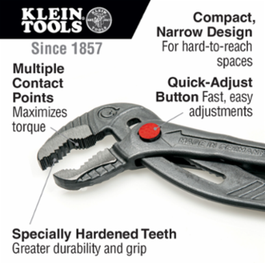 Klaw Pump Pliers, 10 Inch - Jaw Capacity 2.125 Inch, Weight 0.79 lbs, Plastic-Dipped Handles