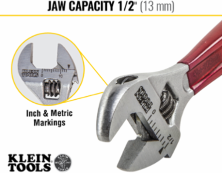 4 Inch Adjustable Wrench, Forged Alloy Steel, Plastic-Dipped Handles, Jaw Capacity 0.5"