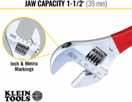 Adjustable Wrench 12 Inch Extra Capacity, Jaw Capacity 1.5 Inch