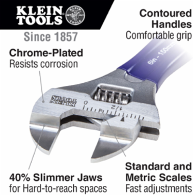 Slim-Jaw Adjustable Wrench 6 Inch, Extra Slim for Tight Spaces, 1 Inch Jaw Capacity
