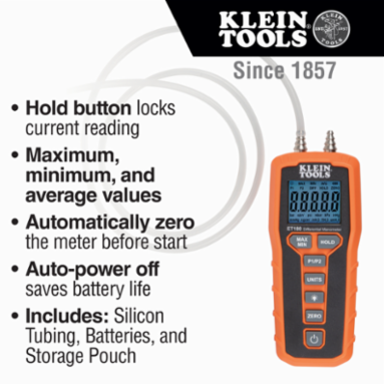 Digital Differential Manometer 60 inH2O, Backlit LCD, 2 Ports, 0.370 lbs