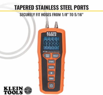 Digital Differential Manometer 60 inH2O, Backlit LCD, 2 Ports, 0.370 lbs