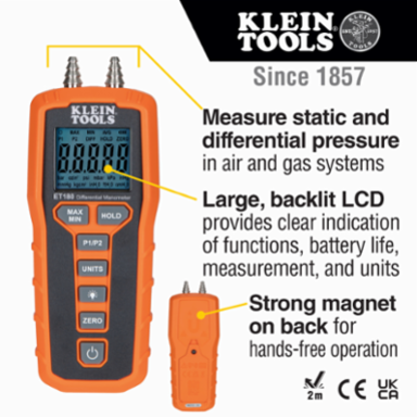 Digital Differential Manometer 60 inH2O, Backlit LCD, 2 Ports, 0.370 lbs