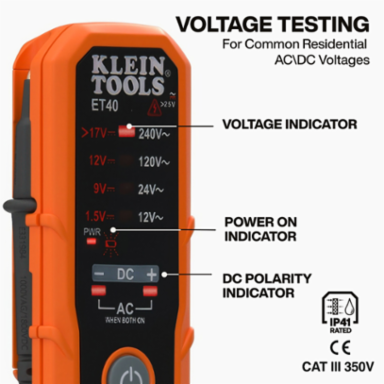 Digital AC/DC Voltage Tester 12-240V AC, 1.5-24V DC, IP41, 9.8-Foot Drop Protection