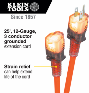 25-Foot Glow End Extension Cord, 12/3 AWG, 15A, Indoor/Outdoor Use