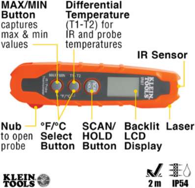 Dual IR & Probe Thermometer, -40 to 572°F (-40 to 300°C), 8:1 Distance-to-Spot Ratio