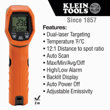 Dual Laser Infrared Thermometer - 12:1 Distance-to-Spot, Measurement Range: -22°F to 752°F