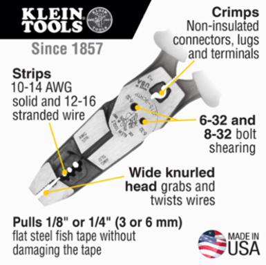 High-Leverage Hybrid Pliers, 8.98 Inch, Crimper, Cuts 10-14 AWG, Shear 6-32 & 8-32