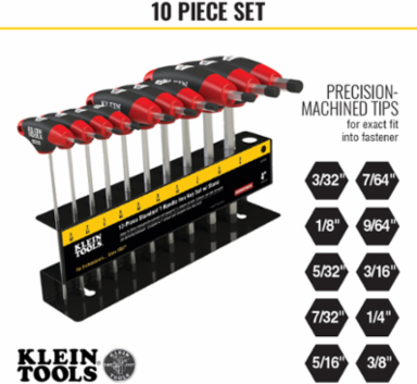 T-Handle Hex Key Set, SAE, 4 Inch, 10-Piece with Metal Stand