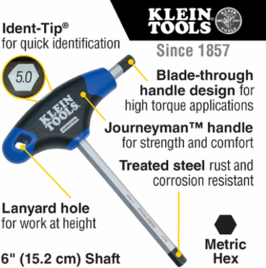 Journeyman T-Handle Hex Key Set, 6 Inch, 8-Piece, Metric, Chamfered End