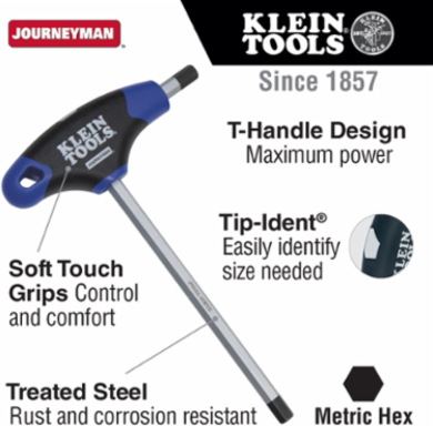 Journeyman T-Handle Hex Key 3 mm Size, 9 Inch Blade Length