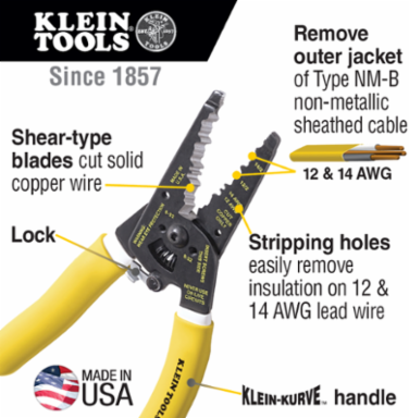 Klein-Kurve Dual NM Cable Stripper/Cutter, 8 Inch Length, Strips 12/2 & 14/2 AWG