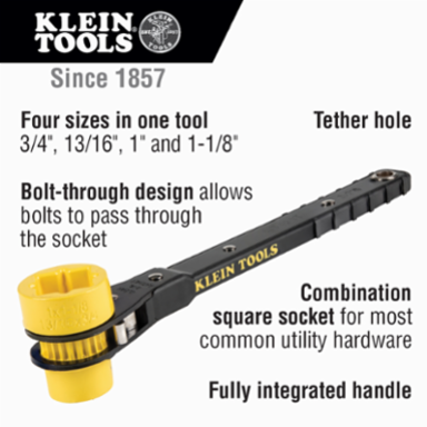 4-in-1 Lineman's Ratcheting Wrench, Square Socket Sizes 3/4 Inch to 1-1/8 Inch