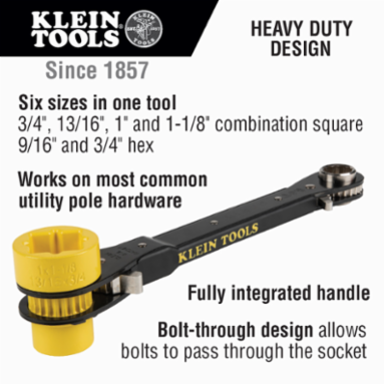 Heavy-Duty 6-in-1 Lineman's Ratcheting Wrench, 3/4-Inch to 1-1/8-Inch Socket Sizes