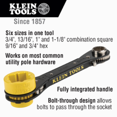 6-in-1 Lineman's Ratcheting Wrench, 3/4 Inch to 1-1/8 Inch Socket Sizes, 1.42 lbs